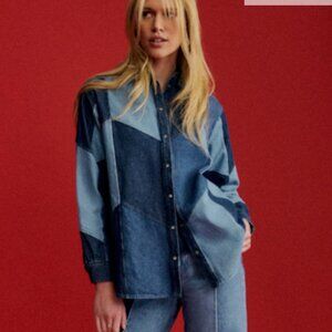 Sezane Marzia Shirt Patchwork Denim Blue - Size 10